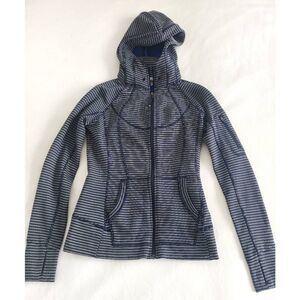 Athleta Full‎ Zip Hoodie Women's 2XS Blue Striped Fleece Lined Polyester Blend
